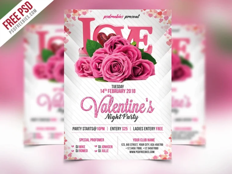Valentine’s Day flyer with white peach background and creative rose flower elements, perfect for romantic events.