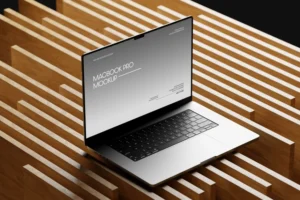 Free MacBook Pro Mockup on Wooden Surface