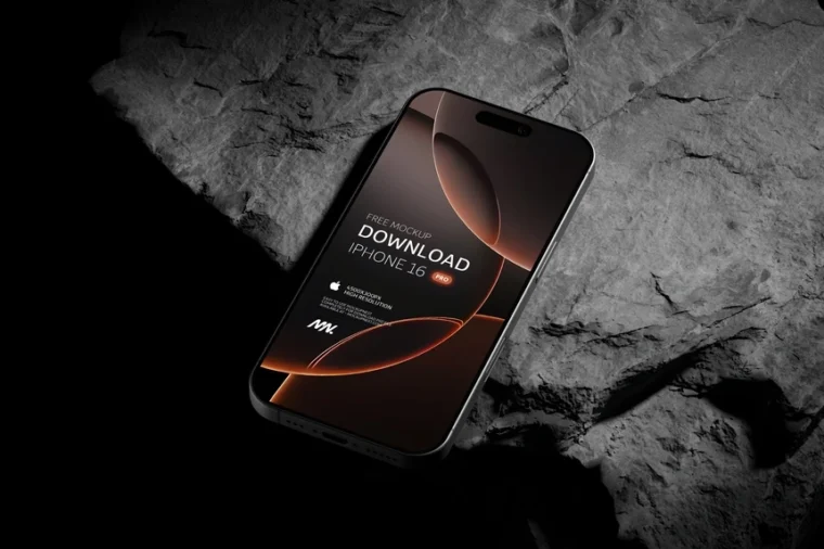 Free Black Titanium iPhone 16 Pro mockup PSD for showcasing app UI/UX designs with Smart Objects