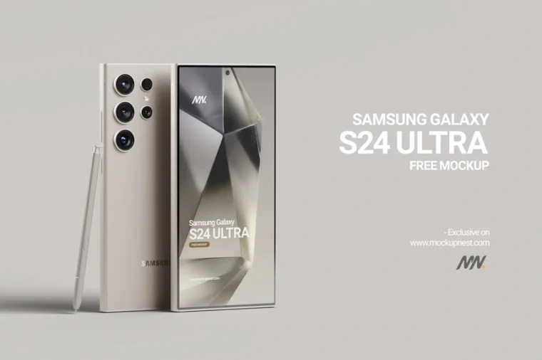 Download the free Realistic Samsung Galaxy S24 Ultra Mockup! Perfect for showcasing Android UI designs and app presentations with stunning realism.