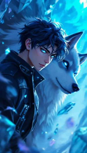 4K Anime Style Guy with Wolf Wallpaper