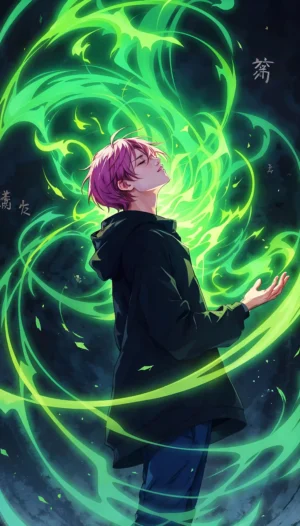 4K Anime Style Guy with Green Aura Wallpaper for Mobile