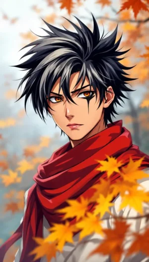 4k Cute Anime Boy in Autumn Leaves Wallpaper