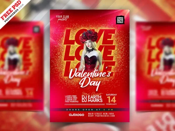 Elegant Valentine Club Party Flyer PSD Template Pink Themed