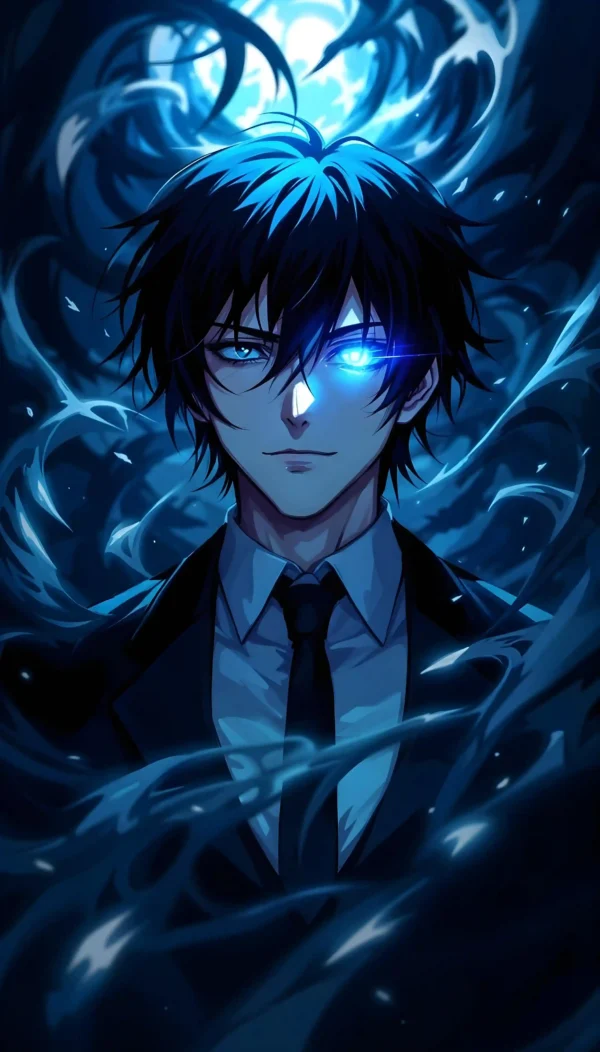 Mysterious Blue-Eyed Anime Boy 4K Wallpaper for Mobile