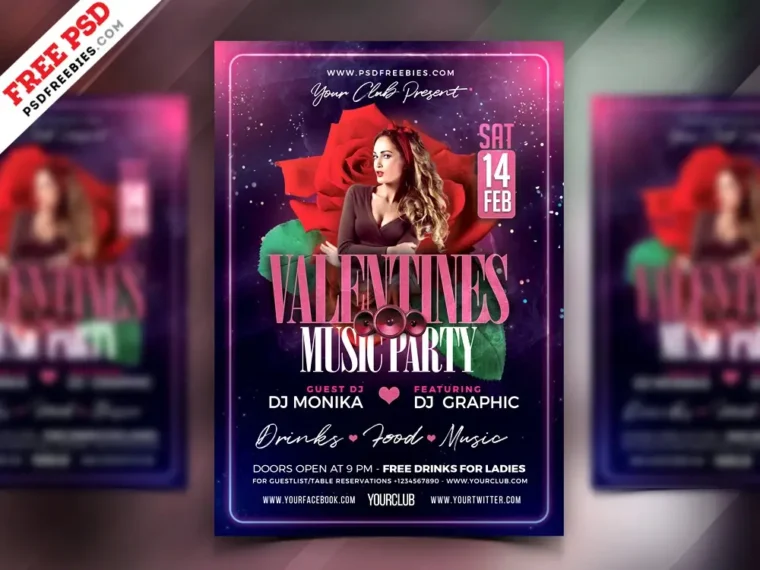Valentine’s music event flyer in pink and purple design.