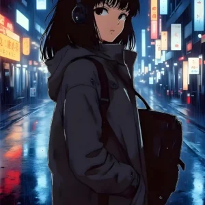 Anime Girl Wallpaper – Rainy Night in the Street