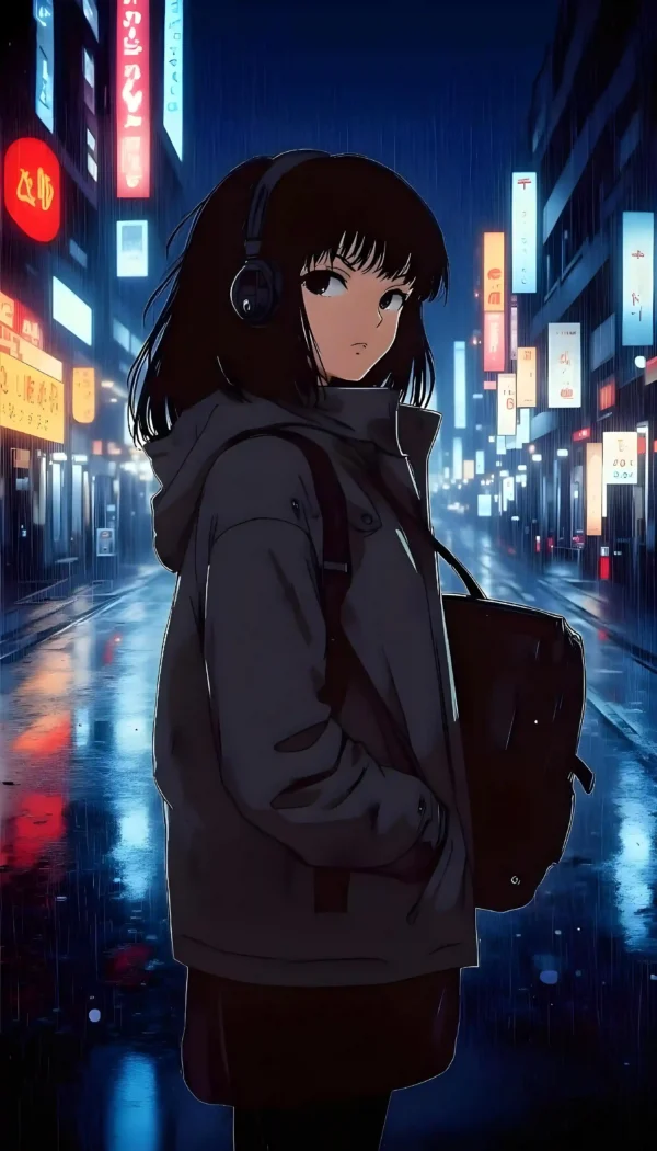 Anime Girl Wallpaper – Rainy Night in the Street