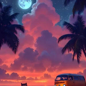 Calming Anime iPhone Wallpaper – Palm Trees & Moonlit Sky