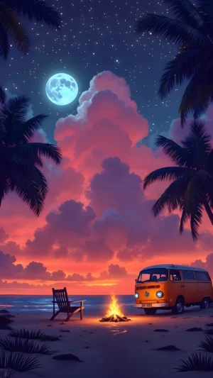 Calming Anime iPhone Wallpaper – Palm Trees & Moonlit Sky