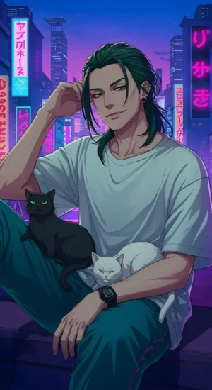 Free Anime Style Guy with Cats Wallpaper