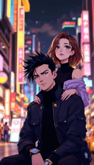 Free Love Couple Anime Wallpaper – Neon Lights Aesthetic