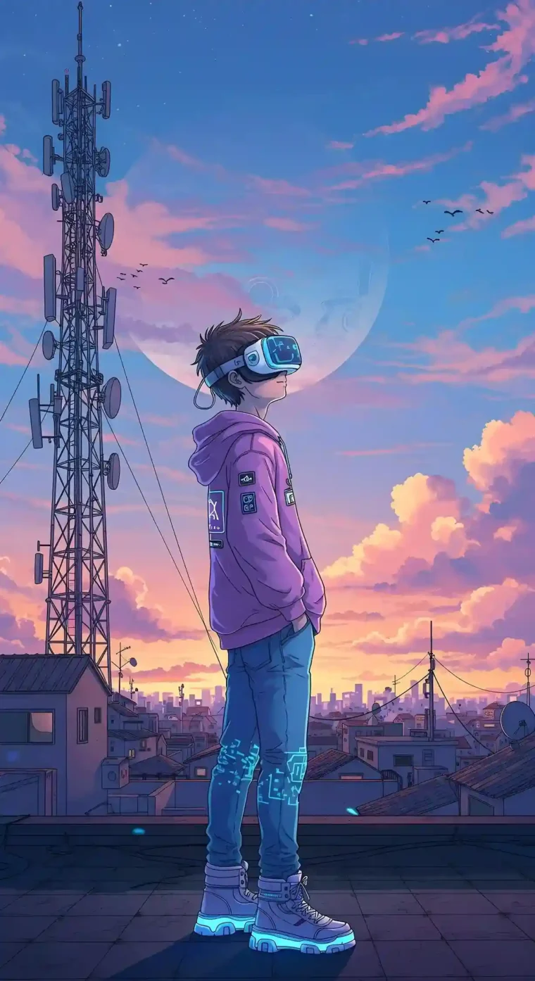 Futuristic VR Dreamer – Cyberpunk Anime Sunset Wallpaper