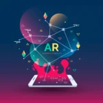 Colorful digital illustration representing augmented reality (AR) in graphic design, showing abstract geometric shapes and data nodes emerging from a smartphone screen with vibrant gradients and connected lines