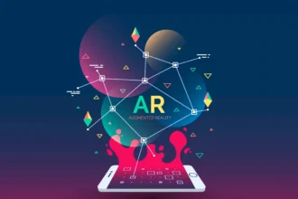 Colorful digital illustration representing augmented reality (AR) in graphic design, showing abstract geometric shapes and data nodes emerging from a smartphone screen with vibrant gradients and connected lines