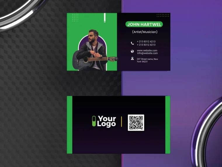 Modern musician business card PSD template with editable layers, placed on dark background, CMYK, clean layout