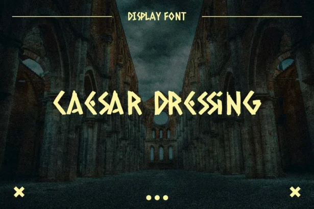 Caesar Dressing font preview with vintage ancient-style letters on textured background for branding and creative projects.