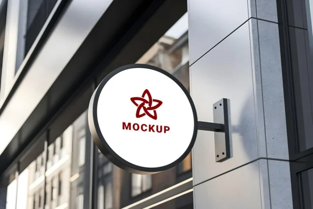 Free circle sign logo mockup on modern building facade for branding and storefront design presentation.