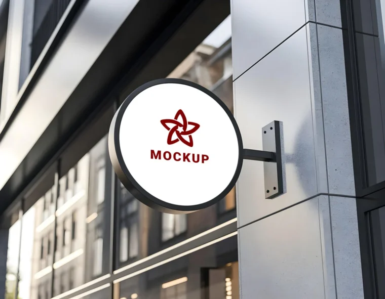 Free circle sign logo mockup on modern building facade for branding and storefront design presentation.