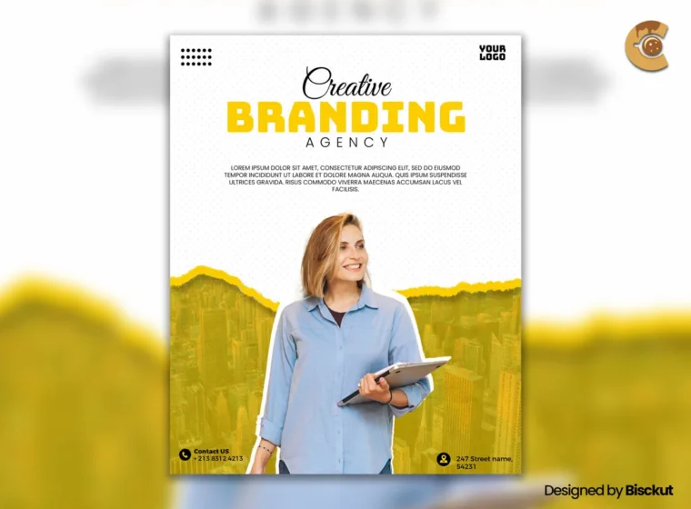 Professional woman holding tablet in modern creative agency flyer with yellow cityscape background and bold typography design