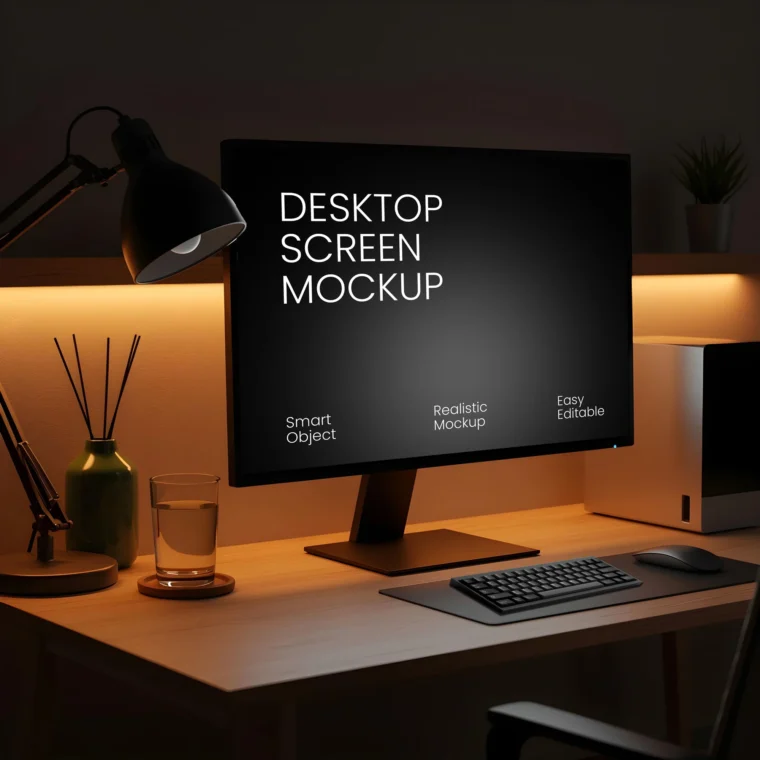 Desktop screen mockup on a wooden desk with lamp, keyboard, mouse, and ambient lighting, ideal for UI or branding design.