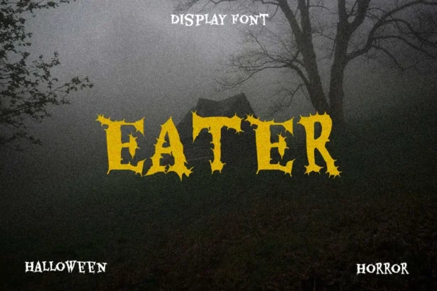 Eater font with creepy horror-style alphabet and Halloween-themed typography featuring multilingual characters