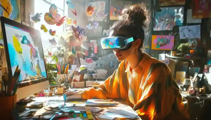 Female graphic designer using AR headset in a creative studio, working on digital art with 3D butterflies and colorful visuals displayed on screen.