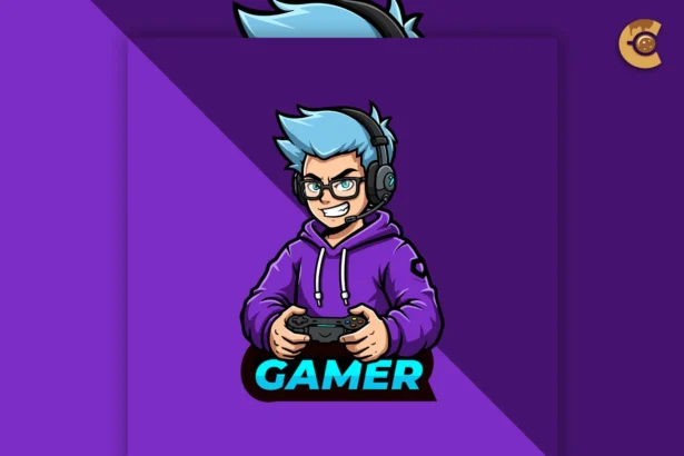 Free gaming esports logo featuring a blue-haired boy in a headset and purple hoodie holding a game controller.