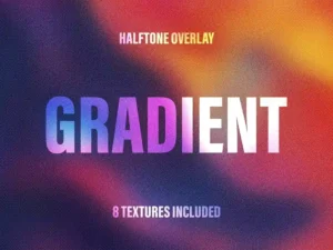 Colorful halftone gradient background pack with 8 textured overlays for vibrant and realistic design effects.