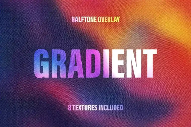 Colorful halftone gradient background pack with 8 textured overlays for vibrant and realistic design effects.