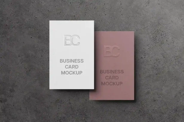 Minimal business card mockup with embossed text on concrete background — vertical branding card design