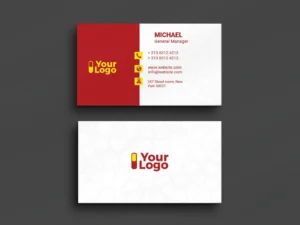 Free red and white abstract business card PSD with icons, clean layout, and bold text for modern branding.