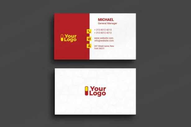 Free red and white abstract business card PSD with icons, clean layout, and bold text for modern branding.