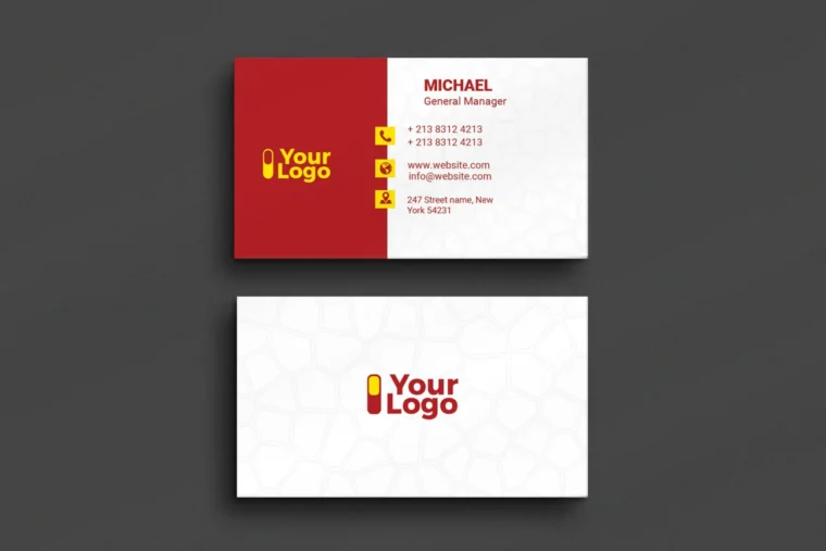 Free red and white abstract business card PSD with icons, clean layout, and bold text for modern branding.