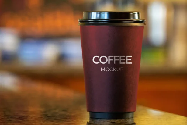 Dark-themed coffee cup mockup on a table with realistic lighting and shadows for branding design presentation.