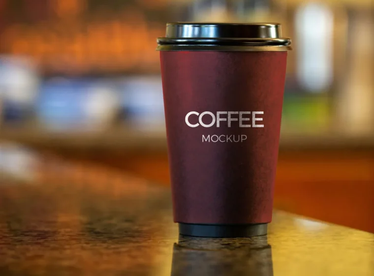 Dark-themed coffee cup mockup on a table with realistic lighting and shadows for branding design presentation.