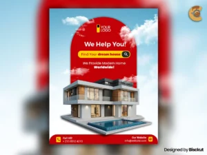 Creative Real estate flyer template with modern house, contact info, and bold red call-to-action for dream home search.