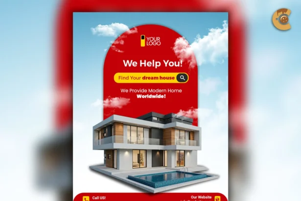 Creative Real estate flyer template with modern house, contact info, and bold red call-to-action for dream home search.