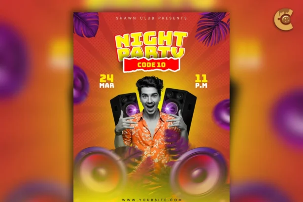 Free disco party flyer PSD with bold colors, speakers, tropical leaves, and excited male model – perfect for club events.