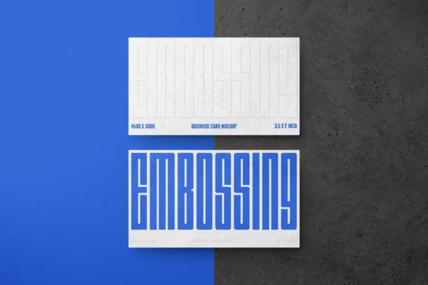 Front and back view of embossed business card mockup showcasing elegant texture and realistic emboss effect.
