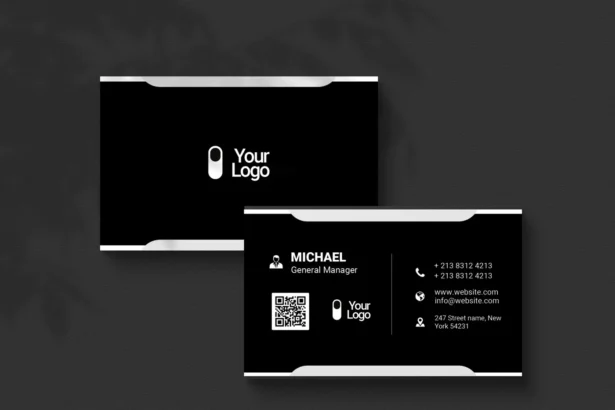 Free Photoshop business card template with a sleek black design, fully editable for any profession or personal brand.