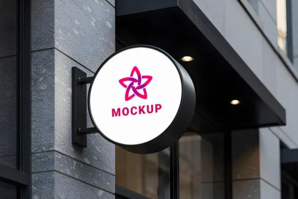 Free sign logo mockup on building wall for showcasing outdoor branding and store logo designs.