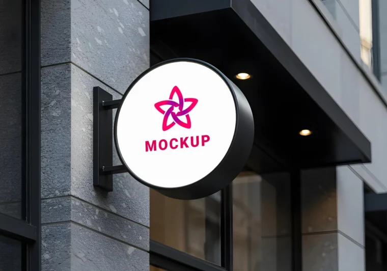 Free sign logo mockup on building wall for showcasing outdoor branding and store logo designs.