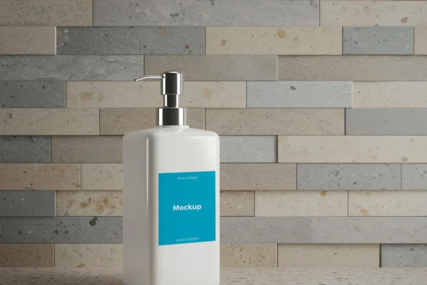 Cyan-labeled liquid soap bottle mockup on white background, perfect for clean and modern packaging presentations.