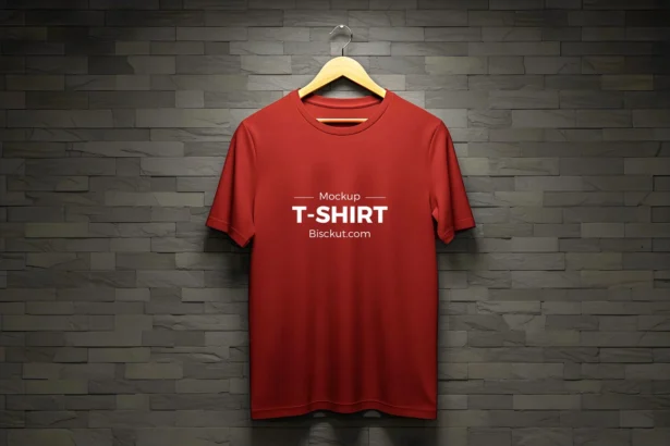 Red T-shirt mockup on a hanger against a dark brick background, highlighting fabric texture, muted tone, and realistic lighting.