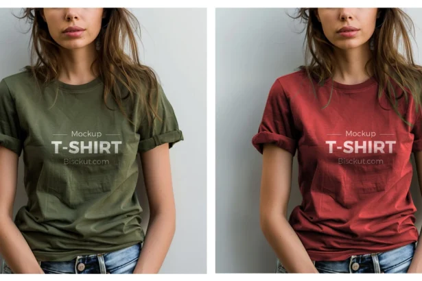 Free woman T-shirt mockup PSD showing front view of a female model in olive green and red rolled sleeve shirts with logo.