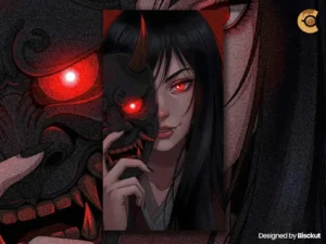 Anime girl with devilish look holding a Japanese Oni mask, 9:16 wallpaper for iPhone and Android screens