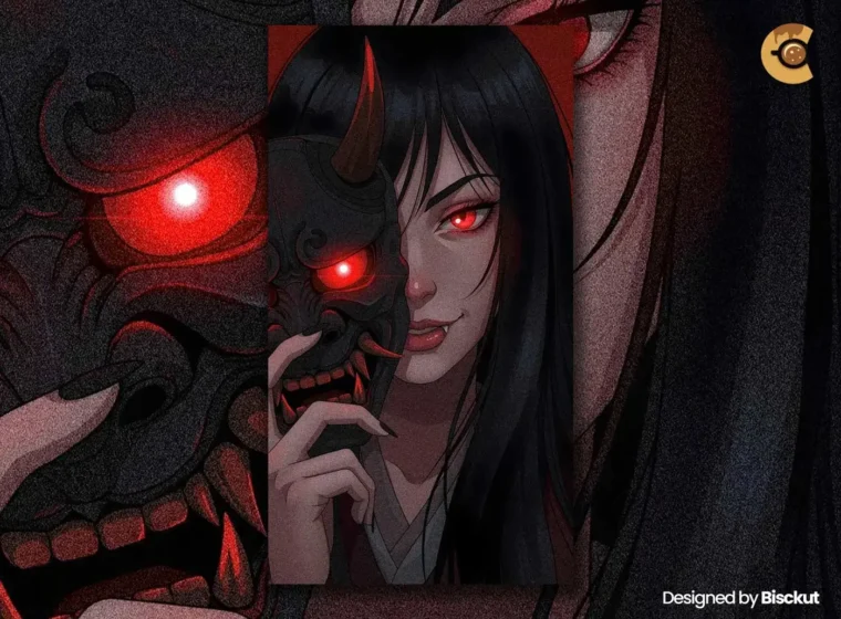 Anime girl with devilish look holding a Japanese Oni mask, 9:16 wallpaper for iPhone and Android screens