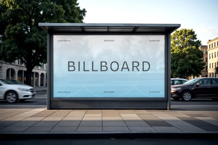 Free urban billboard mockup in city street setting with cars and trees, ideal for advertising design presentations.