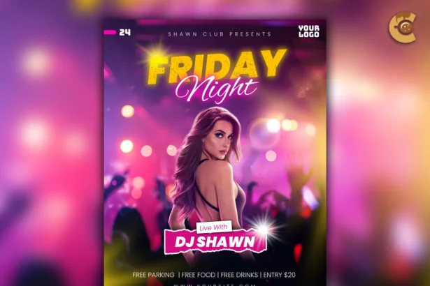 Friday night club flyer PSD template for DJ party and nightclub events